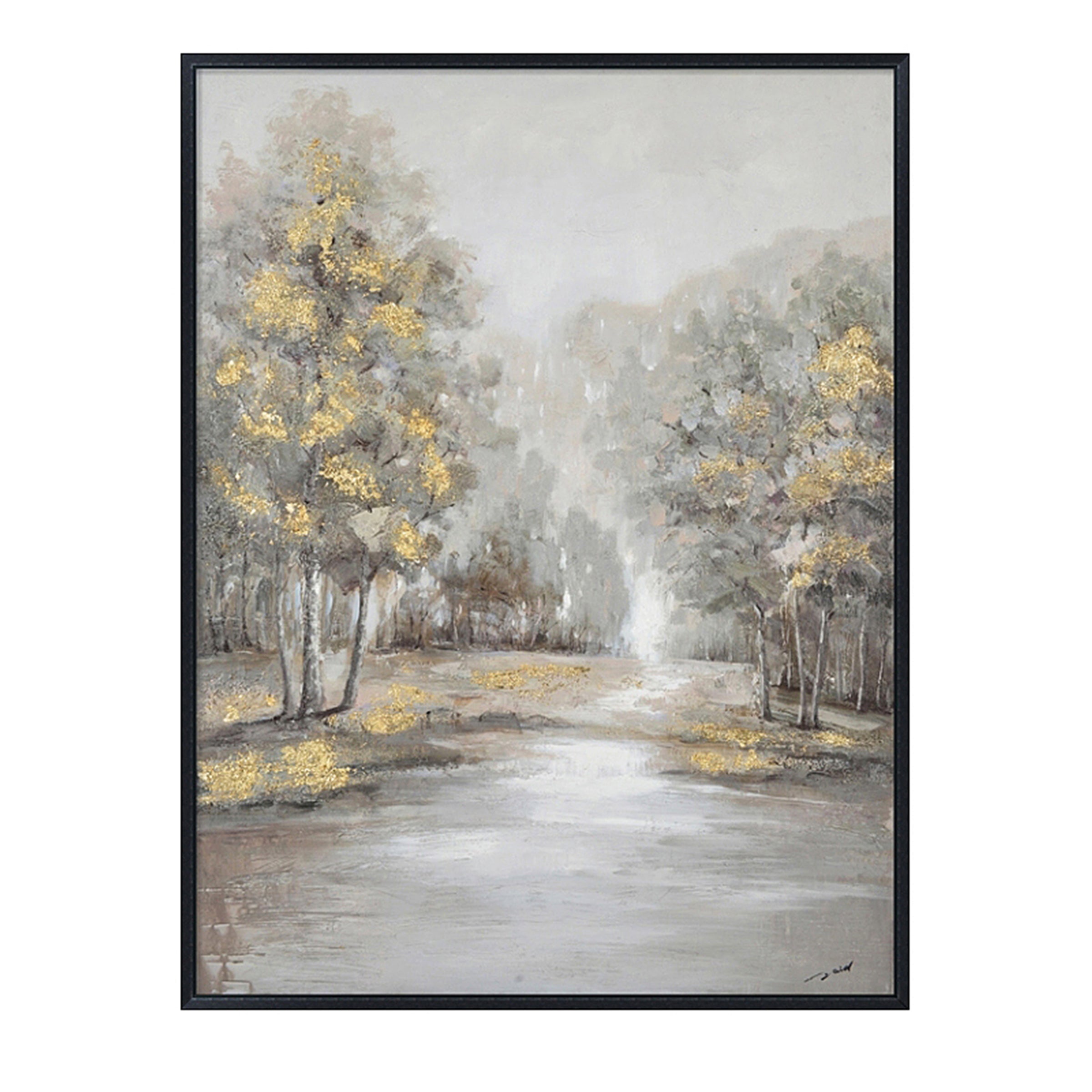 Hand Painted Acrylic Wall Art Landscape Golden Trees on a 35 x 47 Rectangular Canvas with a Black Wooden Frame