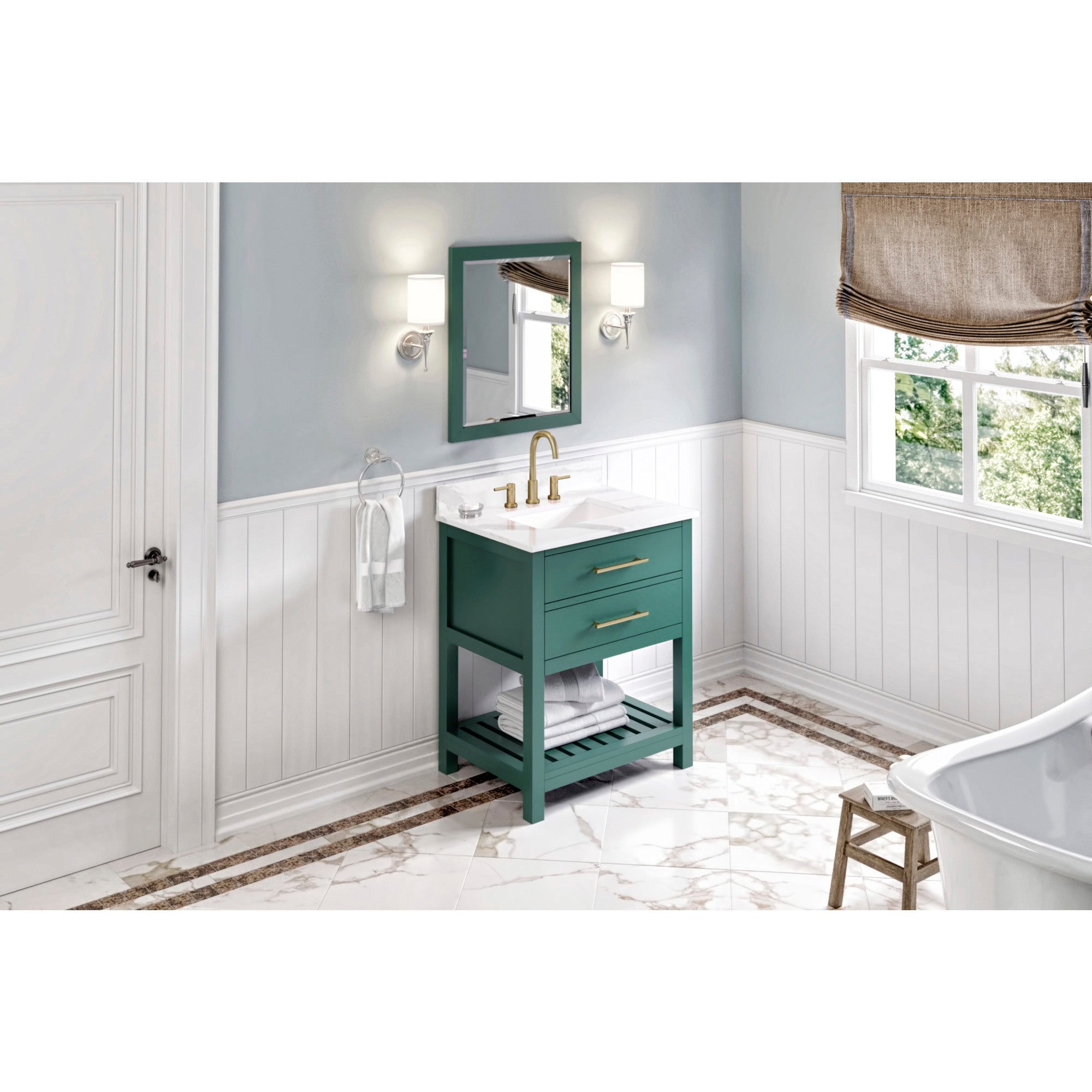 JEFFREY ALEXANDER VKITWAV30GNCQR 30″ Forest Green Wavecrest Vanity, Calacatta Vienna Quartz Vanity Top, undermount rectangle bowl – Green