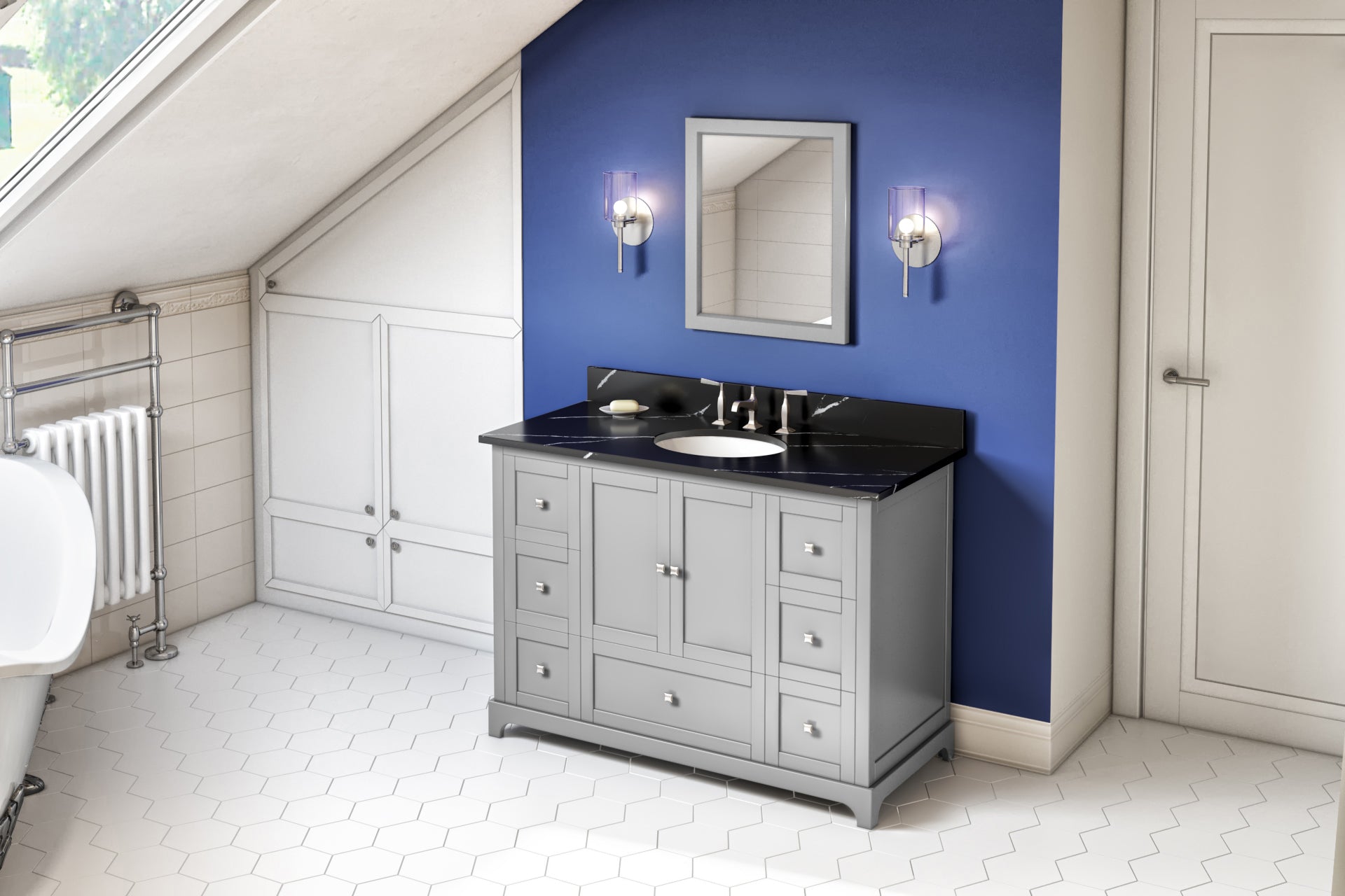 JEFFREY ALEXANDER VKITADD48GRBQO 48″ Grey Addington Vanity, Calacatta Black Quartz Vanity Top, undermount oval bowl