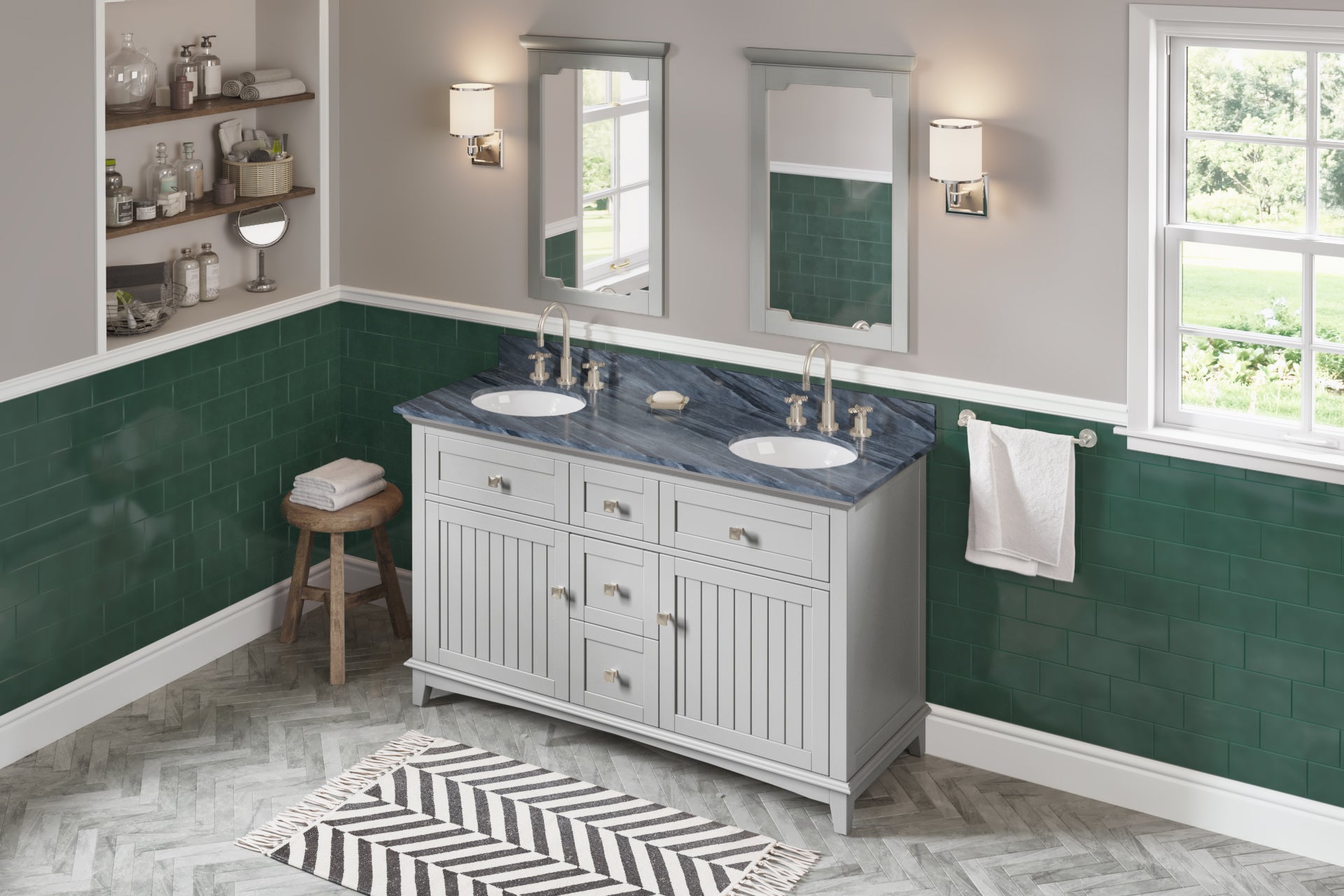 JEFFREY ALEXANDER VKITSAV60GRMGO 60″ Grey Savino Vanity, double bowl, Grey Marble Vanity Top, two undermount oval bowls