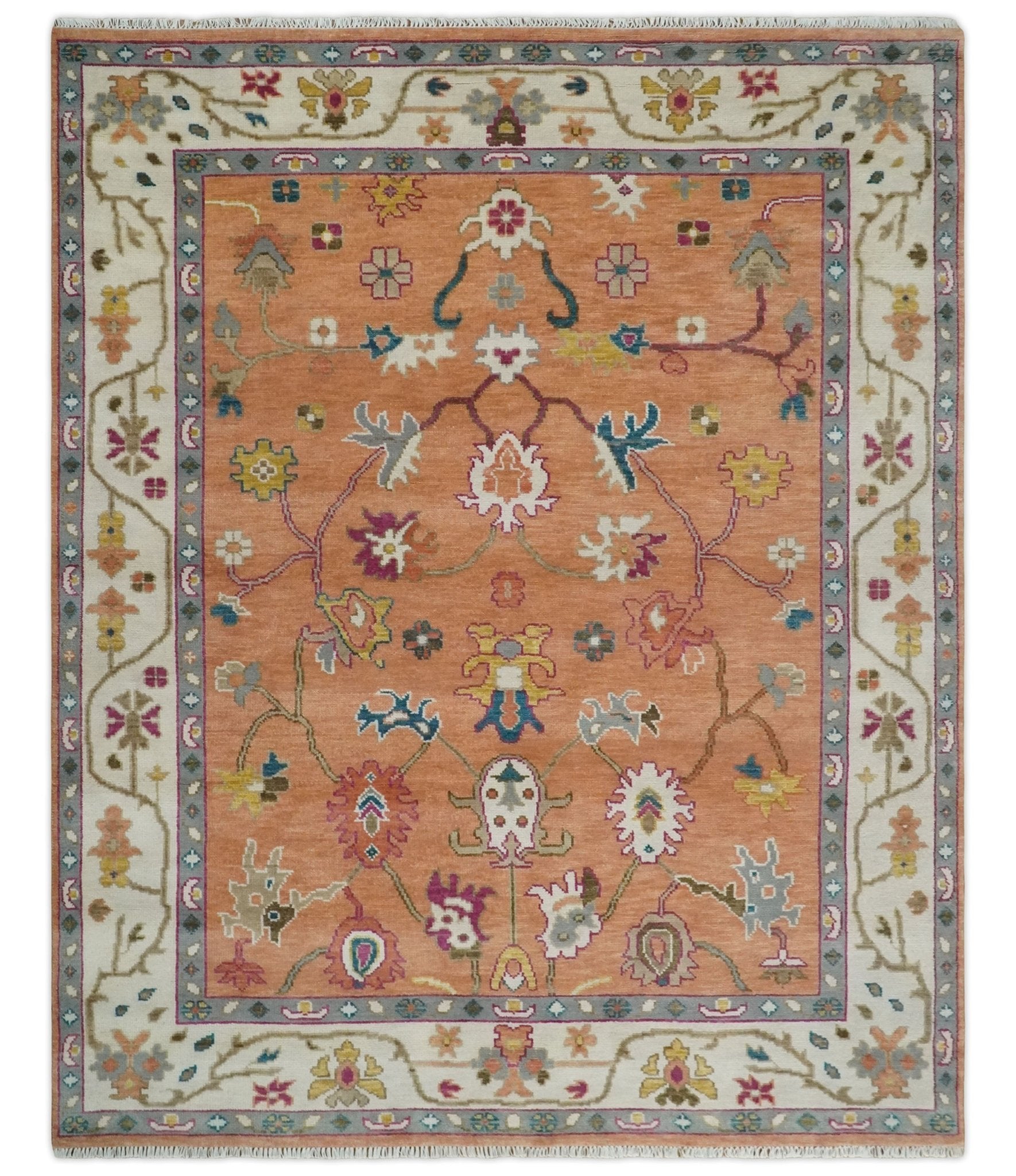 Peach and Ivory Hand knotted Oushak Custom Made wool Area Rug