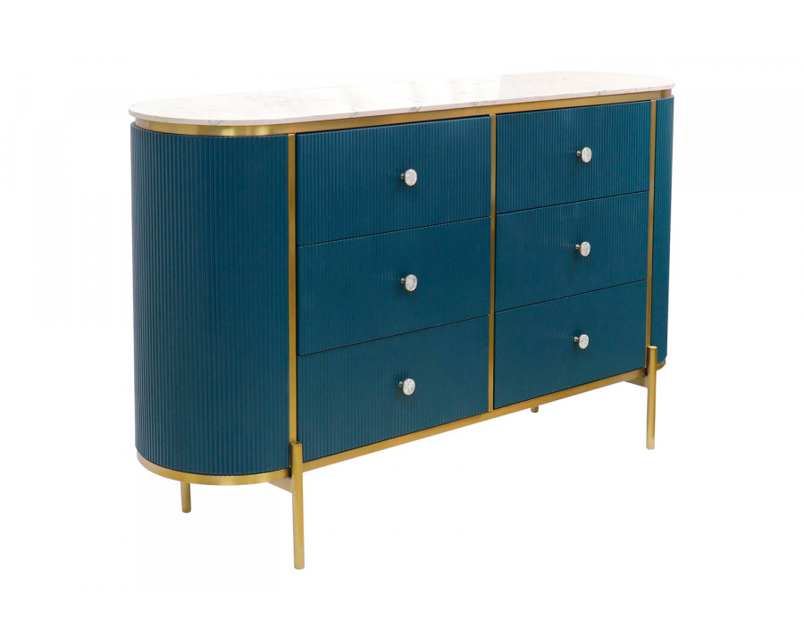 Pasargad – Theodore Green Sideboard, 6 Drawers and Gold Polished Metal Frame