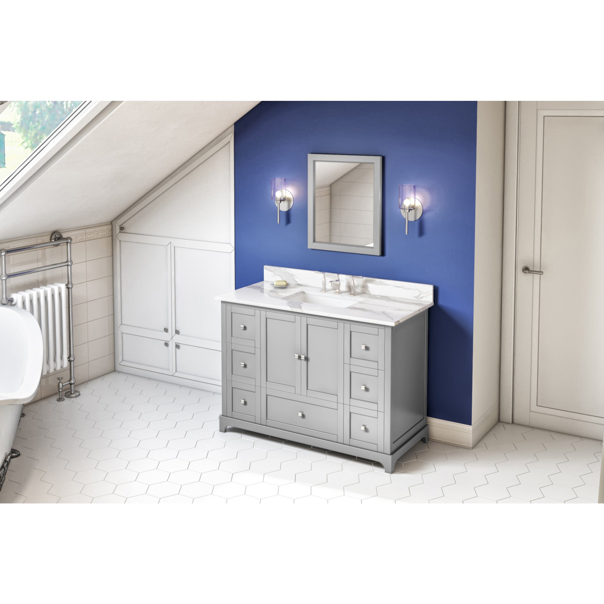 JEFFREY ALEXANDER VKITADD48GRCQR 48″ Grey Addington Vanity, Calacatta Vienna Quartz Vanity Top, undermount rectangle bowl – Grey