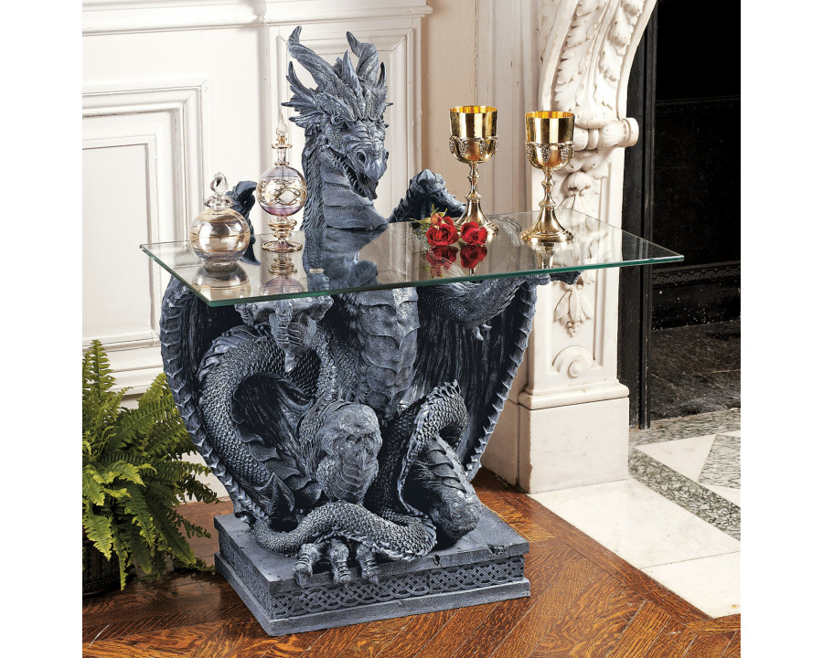 Toscano – The Subservient Dragon Sculptural Table in Greystone, Designer Resin