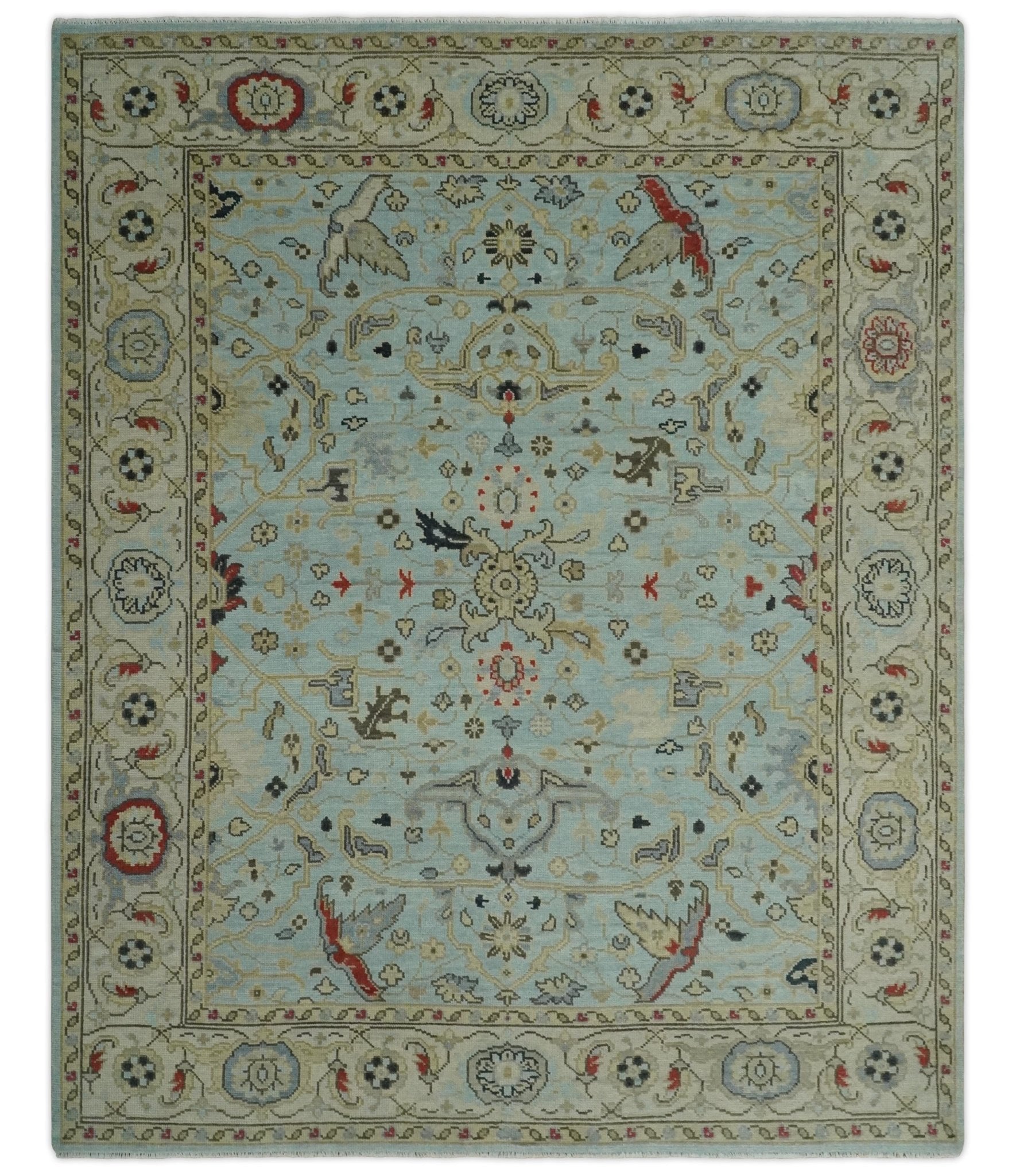 Traditional Aqua and Beige Hand knotted Oriental Oushak Custom Made wool Area Rug