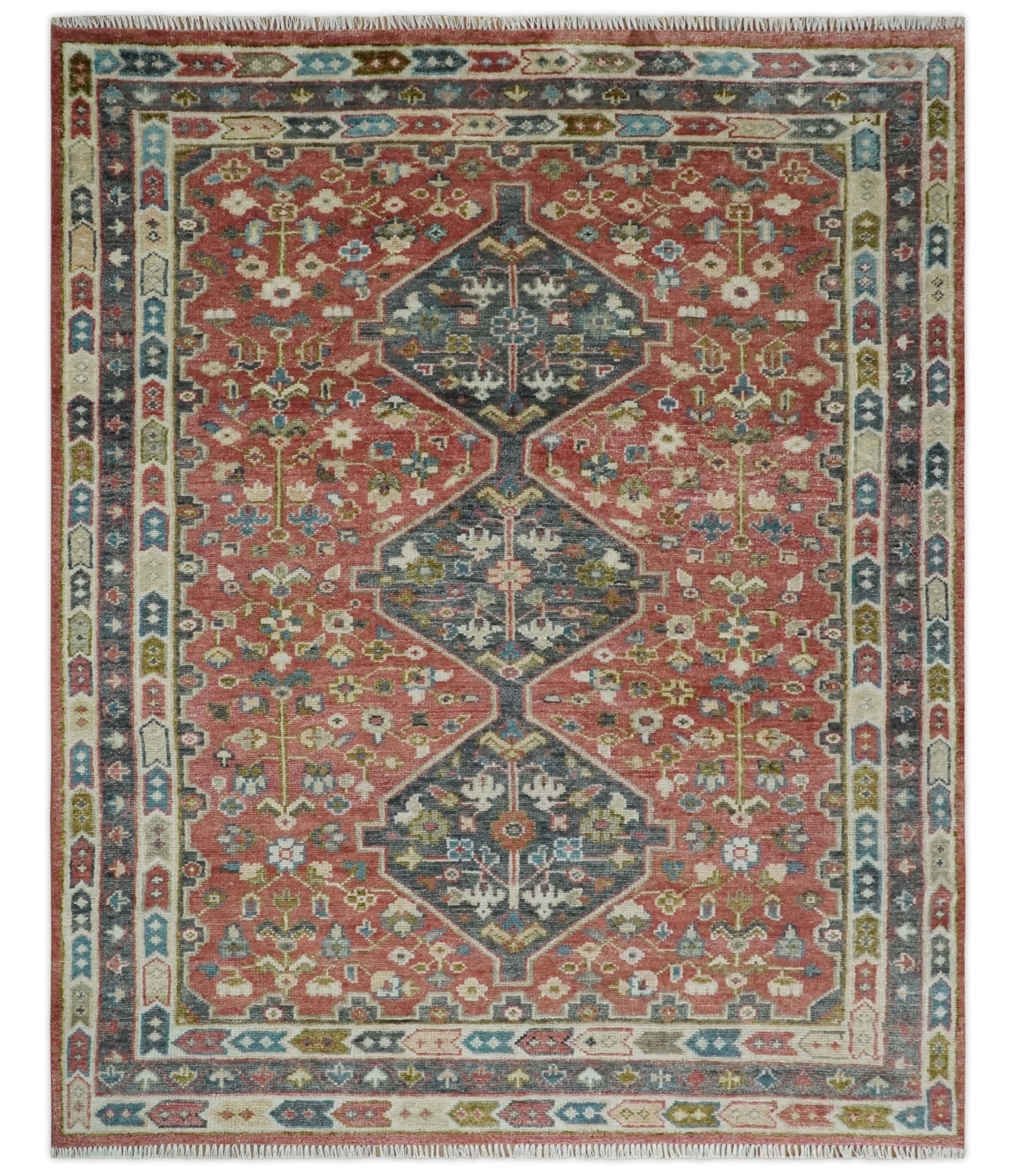 Traditional Floral Rust, Charcoal and Ivory Hand knotted Custom Made wool Area Rug