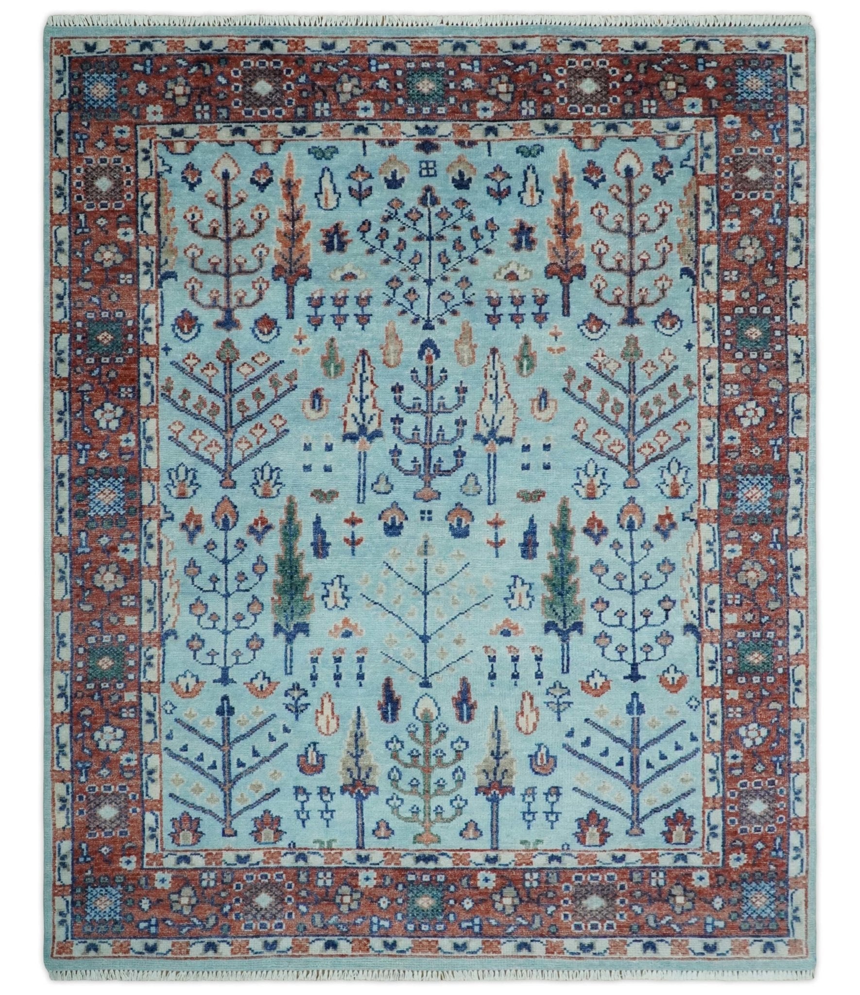 Tree of Life Hand Knotted Blue and Rust Modern Persian Vintage Oushak Custom Made Wool Rug