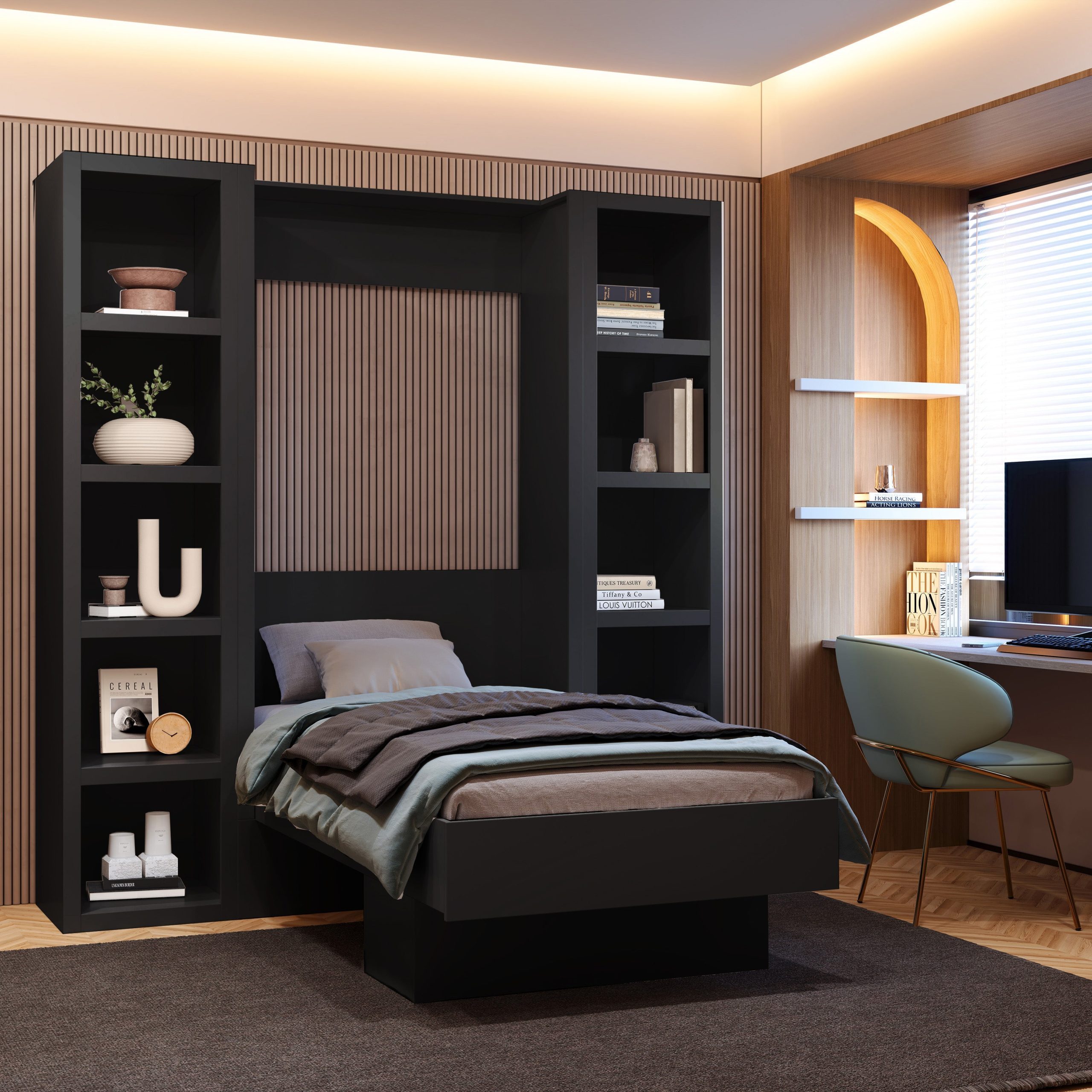 Easy-Lift Twin Murphy Wall Bed in Black with Two Bookshelves