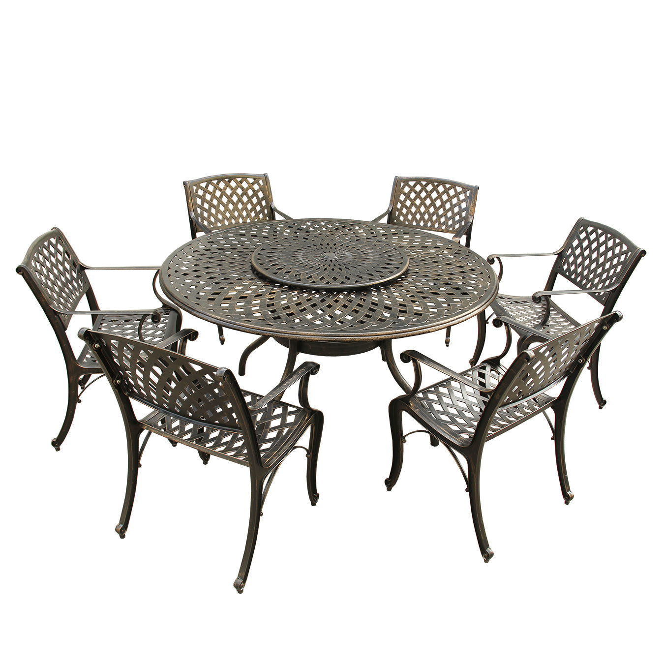 Outdoor Aluminum 7pc Round Patio Dining Set with Lazy Susan, Six Chairs