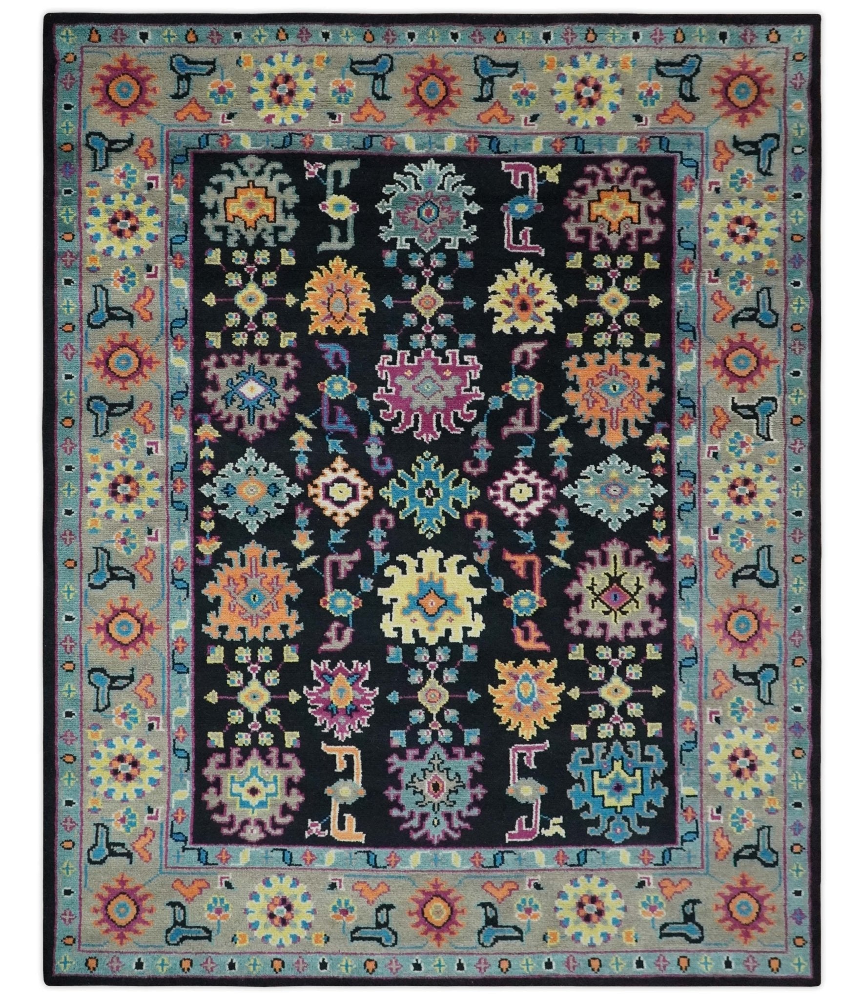 Vibrant Colorful Black, Beige, Purple and Blue Hand Knotted Traditional Oushak Custom Made wool Area Rug